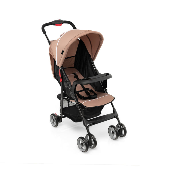 Toddler travel stroller for airplane with canopy and adjustable backrest, angled view showcasing design and features.