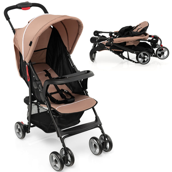 Toddler travel stroller for airplane with canopy and adjustable backrest, angled view showcasing design and features.
