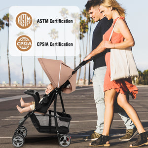 Toddler travel stroller for airplane with canopy and adjustable backrest, angled view showcasing design and features.