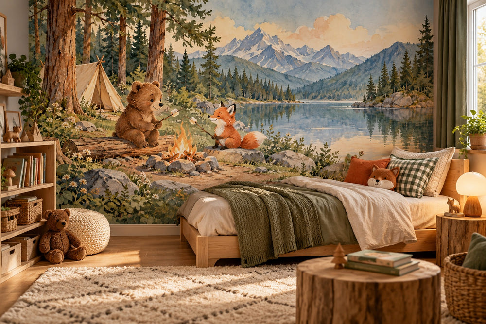 Watercolor Bear and Fox Campfire Camping Wall Mural, image 1