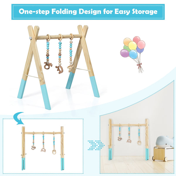 Portable wooden baby gym with teething toys, perfect for newborns, shown from angle 5.