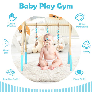 Portable wooden baby gym with teething toys, perfect for newborns, shown from angle 7.