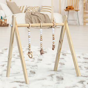 Portable wooden baby activity gym with teething toys, perfect for newborns, shown at angle 10.