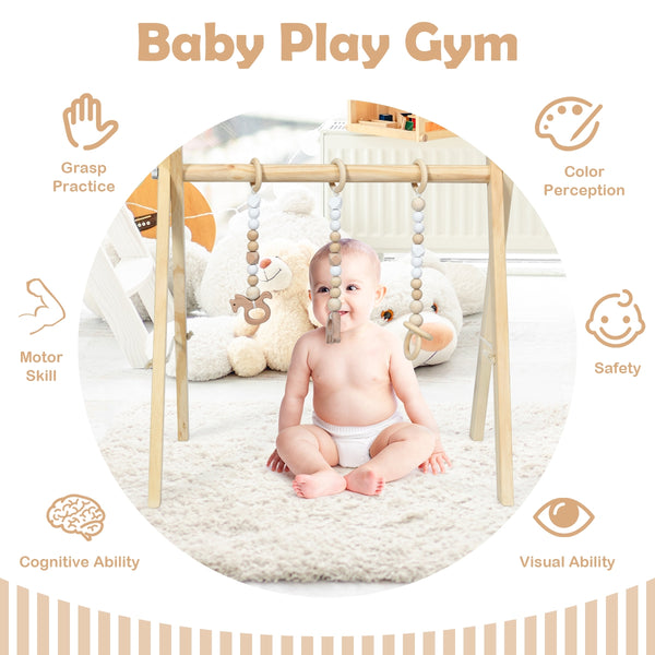 Portable wooden newborn activity gym with teething toys, hanging bar, and stylish design for baby playtime.