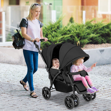 Foldable lightweight double baby stroller with front and back seats, perfect for travel and easy storage.