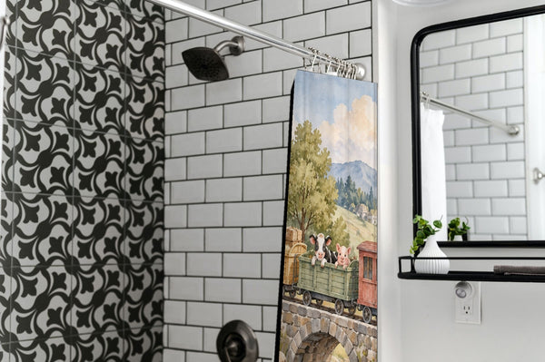 Countryside Train shower curtain in a modern farmhouse bathroom with subway tile