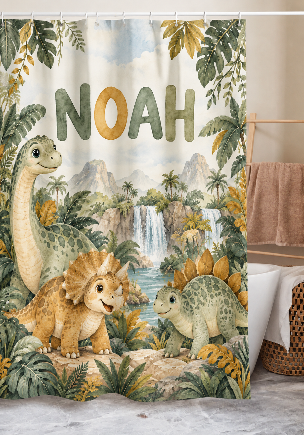 Personalized dinosaur jungle kids shower curtain with the name Noah