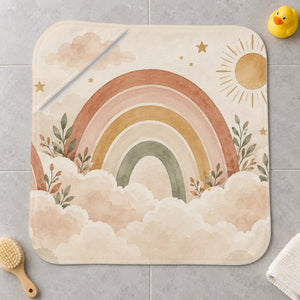 Rainbows on Clouds kids hooded bath towel laid flat