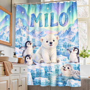 Arctic Friends personalized kids shower curtain over a bathtub