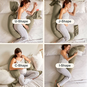 Dusty olive pregnancy pillow at angle 4, perfect for nursing and providing comfort during pregnancy.