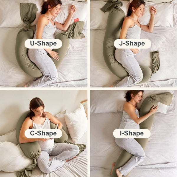 Dusty olive pregnancy pillow at angle 4, perfect for nursing and providing comfort during pregnancy.