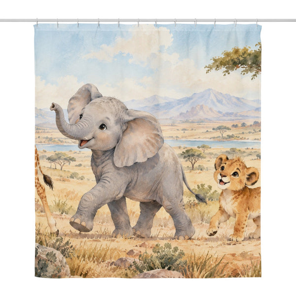 Safari Parade shower curtain, full front view of the 71 x 74 in fabric curtain