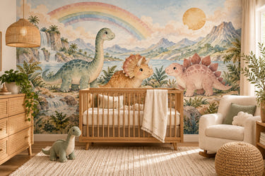Watercolor Rainbow Dinosaurs Wall Mural, image 1