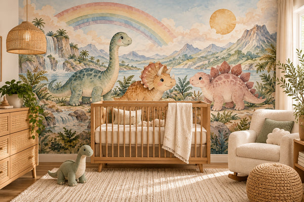 Watercolor Rainbow Dinosaurs Wall Mural, image 1