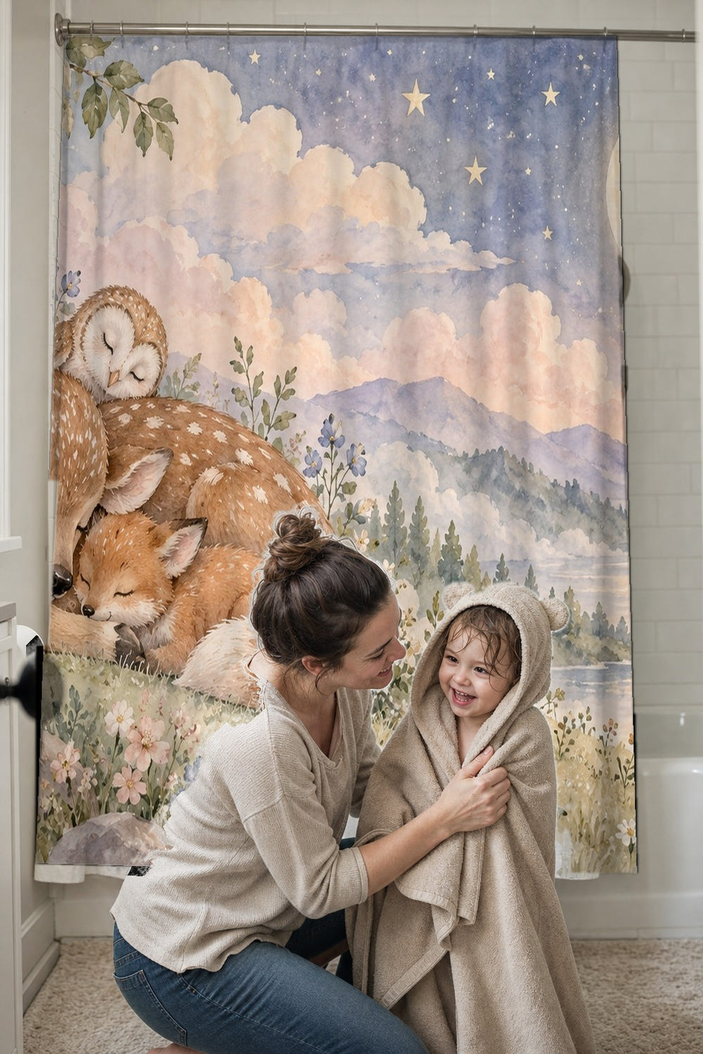Dreamland Friends shower curtain, full front view of the 71 x 74 in fabric curtain