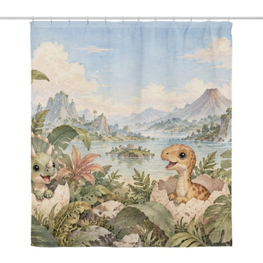 Hatching Dinosaurs shower curtain, full front view of the 71 x 74 in fabric curtain