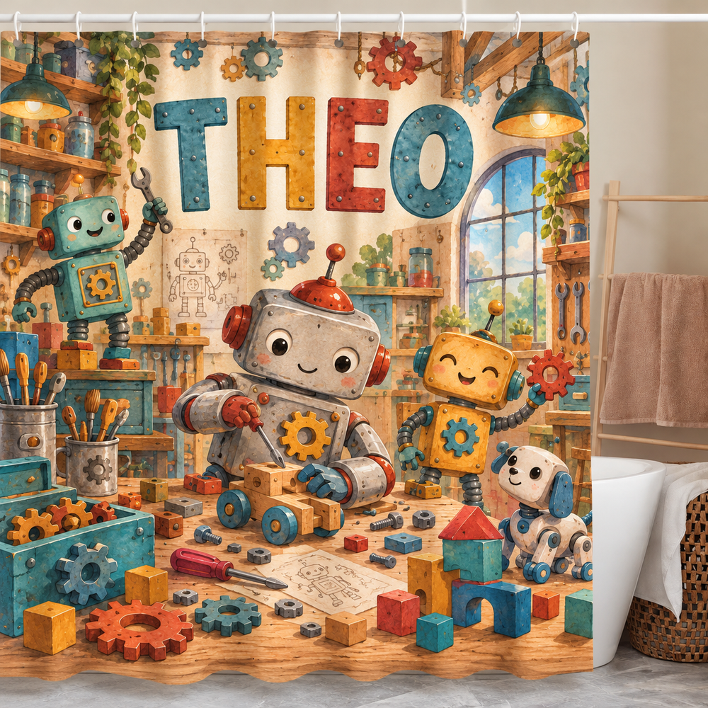 Personalized robot workshop kids shower curtain with the name Theo