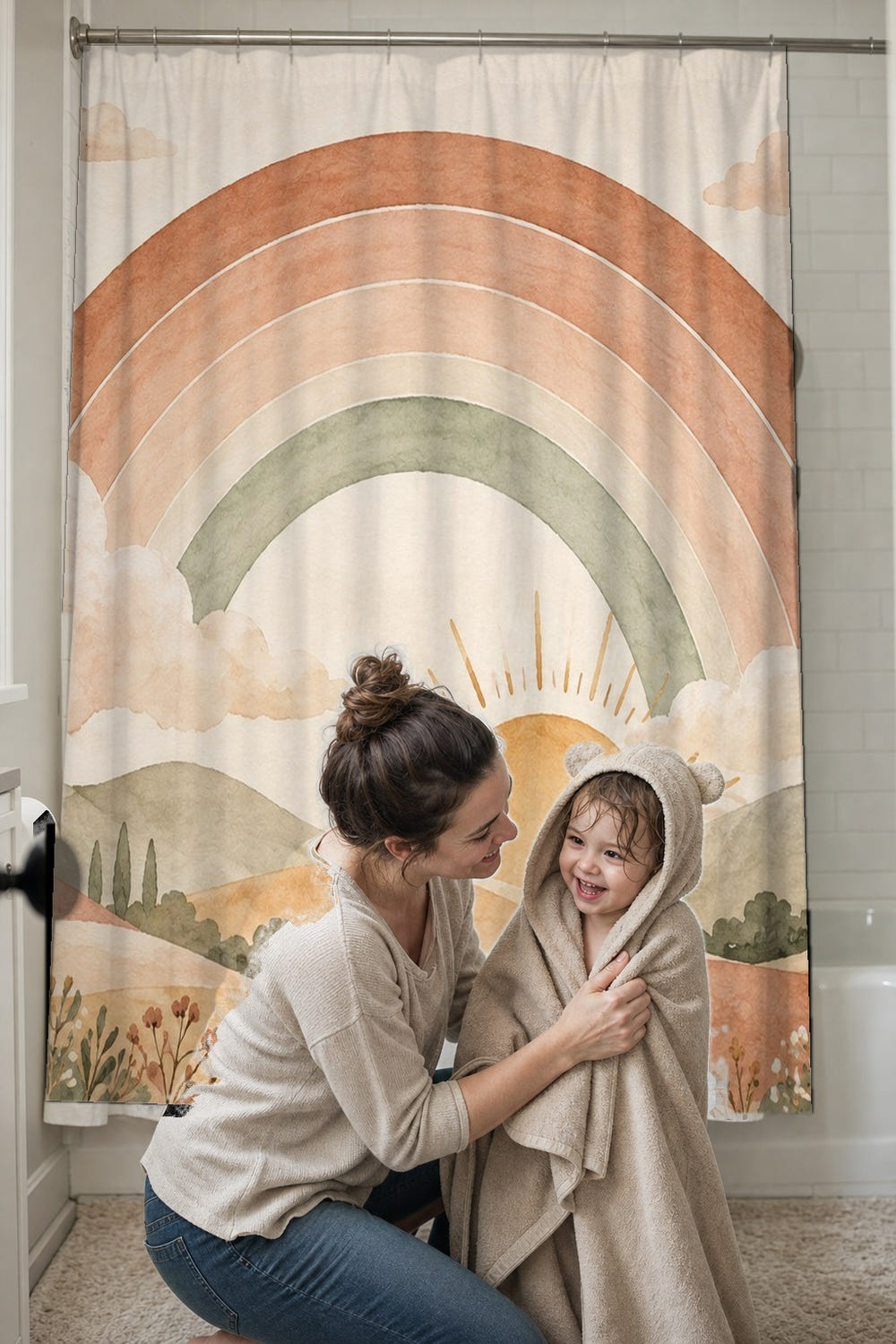 Rainbow Sunrise Hills shower curtain, full front view of the 71 x 74 in fabric curtain
