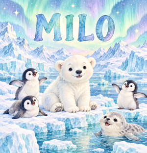 Arctic Friends watercolor artwork with the name Milo