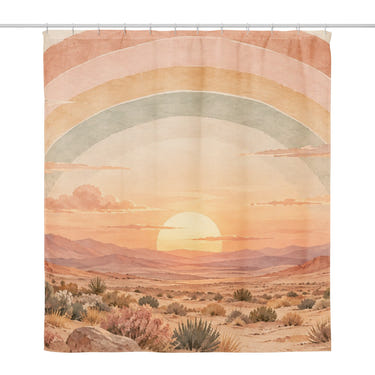 Desert Sunset Rainbow shower curtain, full front view of the 71 x 74 in fabric curtain