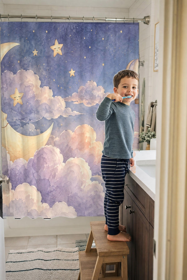 Child brushing teeth in a family bathroom with the Twilight Moon Hot Air Balloon shower curtain