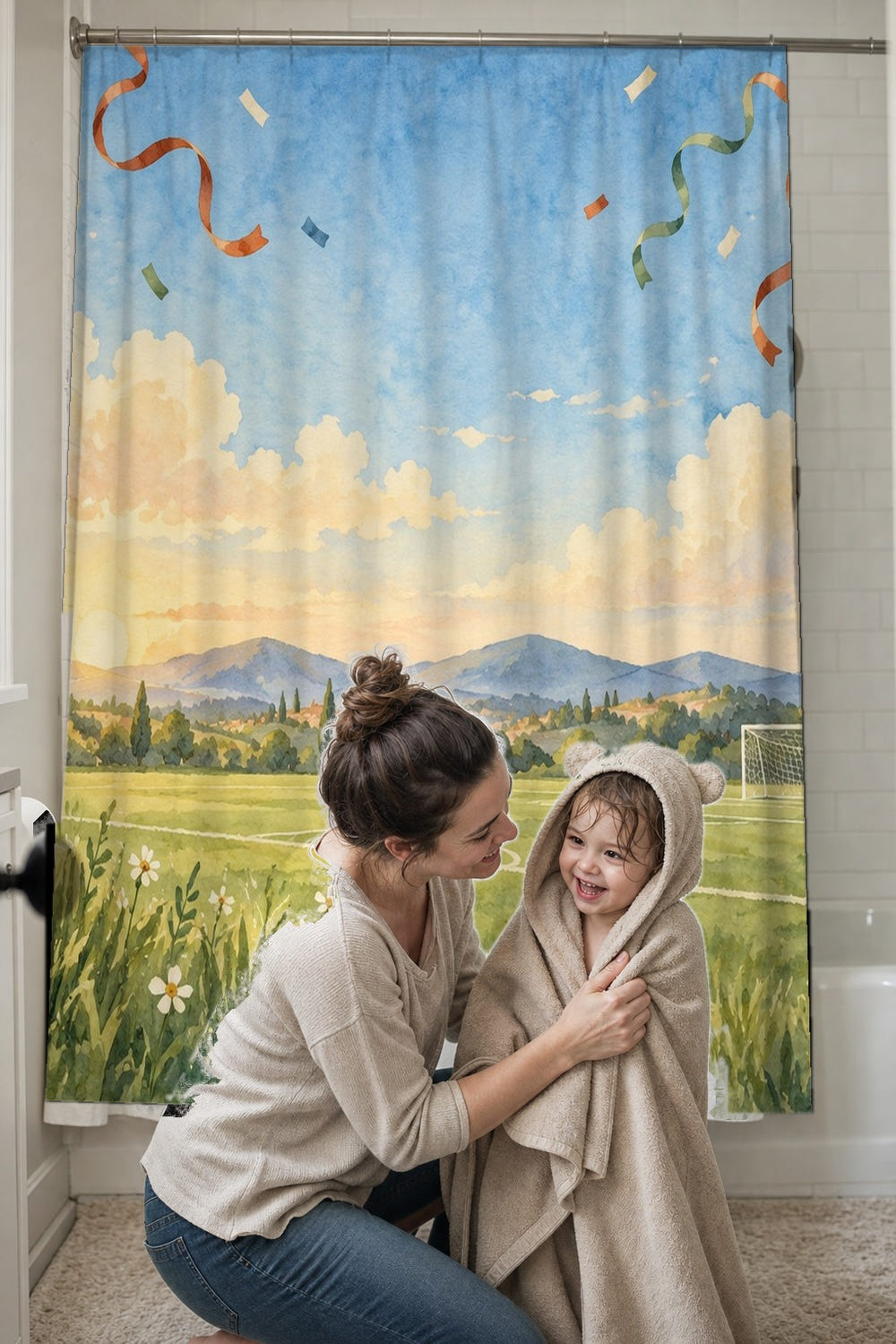 Football Celebration shower curtain, full front view of the 71 x 74 in fabric curtain