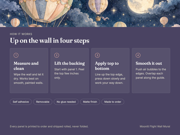 Watercolor Moonlit Flight Hot Air Balloon Wall Mural, image 9