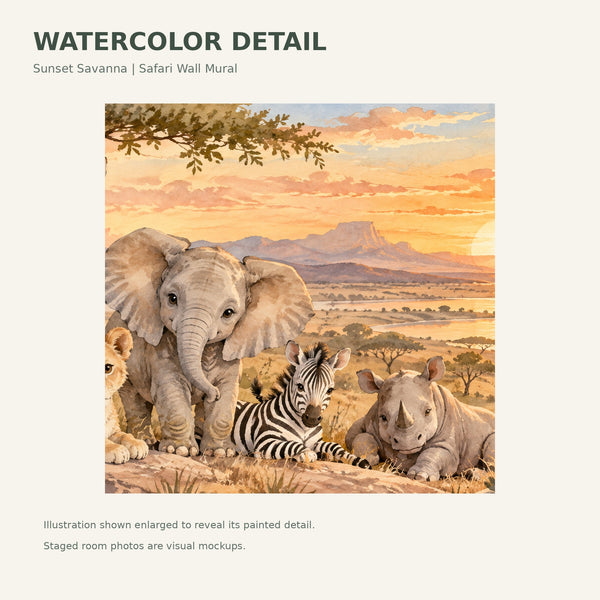 Watercolor Sunset Savanna Wall Mural, image 4