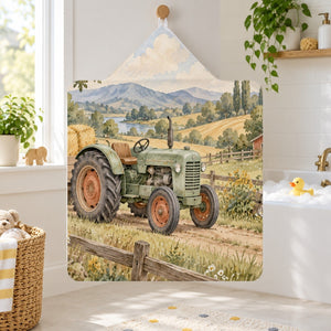 Farm Tractor kids hooded bath towel hanging in a kids bathroom