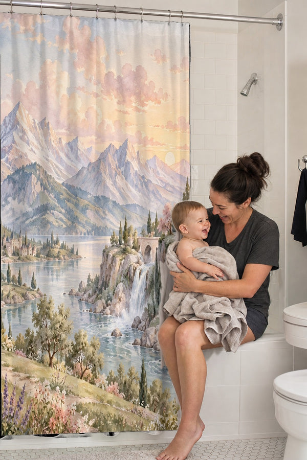 Mom holding her baby on the tub edge next to the Dreamy Kingdom Fairy Tale shower curtain