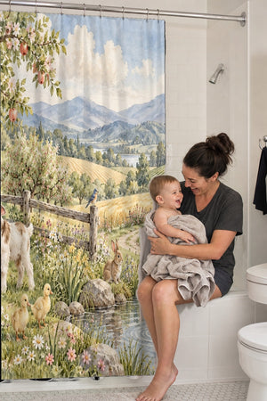 Mom holding her baby on the tub edge next to the Peaceful Farm shower curtain