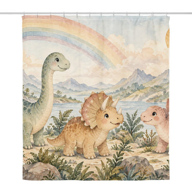 Rainbow Dinosaurs shower curtain, full front view of the 71 x 74 in fabric curtain