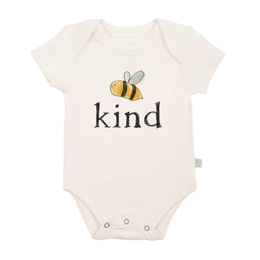 Graphic bumble bee bodysuit for babies, short sleeve design, perfect for playful and stylish outfits.
