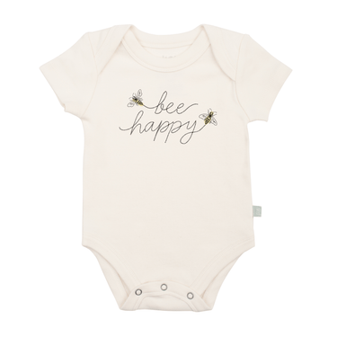 "Bee Happy graphic short sleeve bodysuit for babies, featuring a cheerful design and soft fabric."