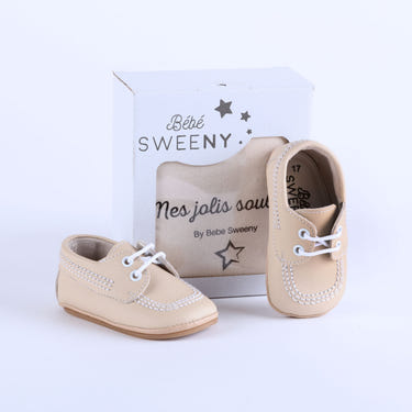 Boys beige leather pre-walker shoes for infants, stylish and comfortable footwear for early walkers.