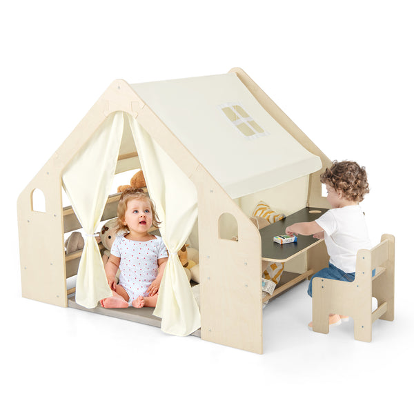 6-in-1 Kids Play Tent Playhouse with Blackboard 6 Storage Bins and Floor Cushion