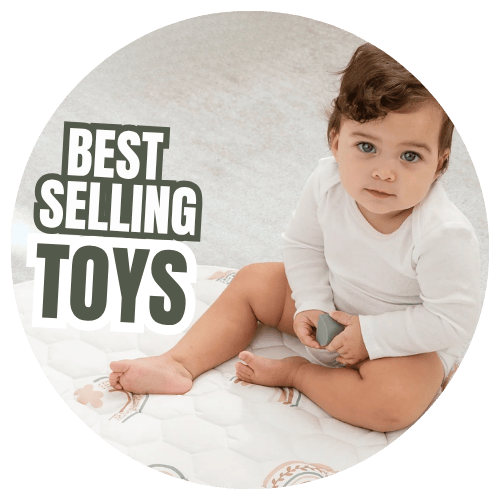 Baby sitting on a white blanket holding a toy with 'Best Selling Toys' text overlay.