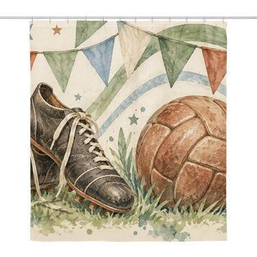 Vintage Soccer Gear shower curtain, full front view of the 71 x 74 in fabric curtain