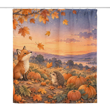 Pumpkin Patch Halloween shower curtain, full front view of the 71 x 74 in fabric curtain
