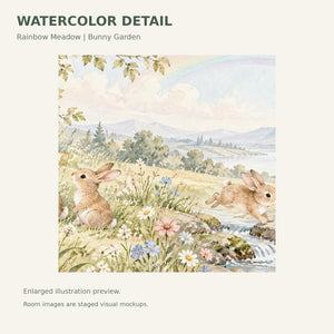 Watercolor Rainbow Meadow Bunny Wall Mural, image 4