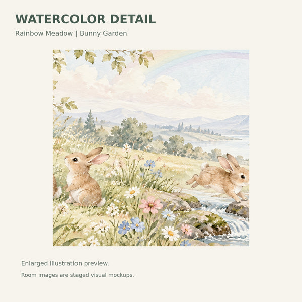 Watercolor Rainbow Meadow Bunny Wall Mural, image 4