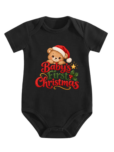Baby's First Christmas Baby Bodysuit, Teddy Bear in a Santa Hat, Short Sleeve Cotton Romper
