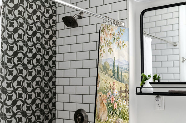 Peaceful Garden Bunny shower curtain in a modern farmhouse bathroom with subway tile