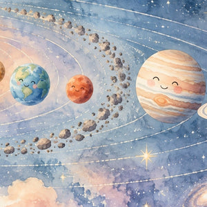 Pastel Planets kids rug, close up of the watercolor artwork