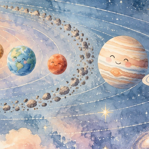 Pastel Planets kids rug, close up of the watercolor artwork