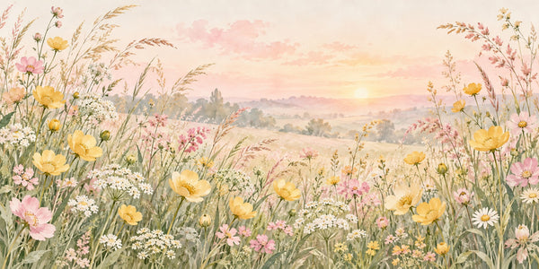 Watercolor Golden Sunset Wildflowers Wall Mural, image 2