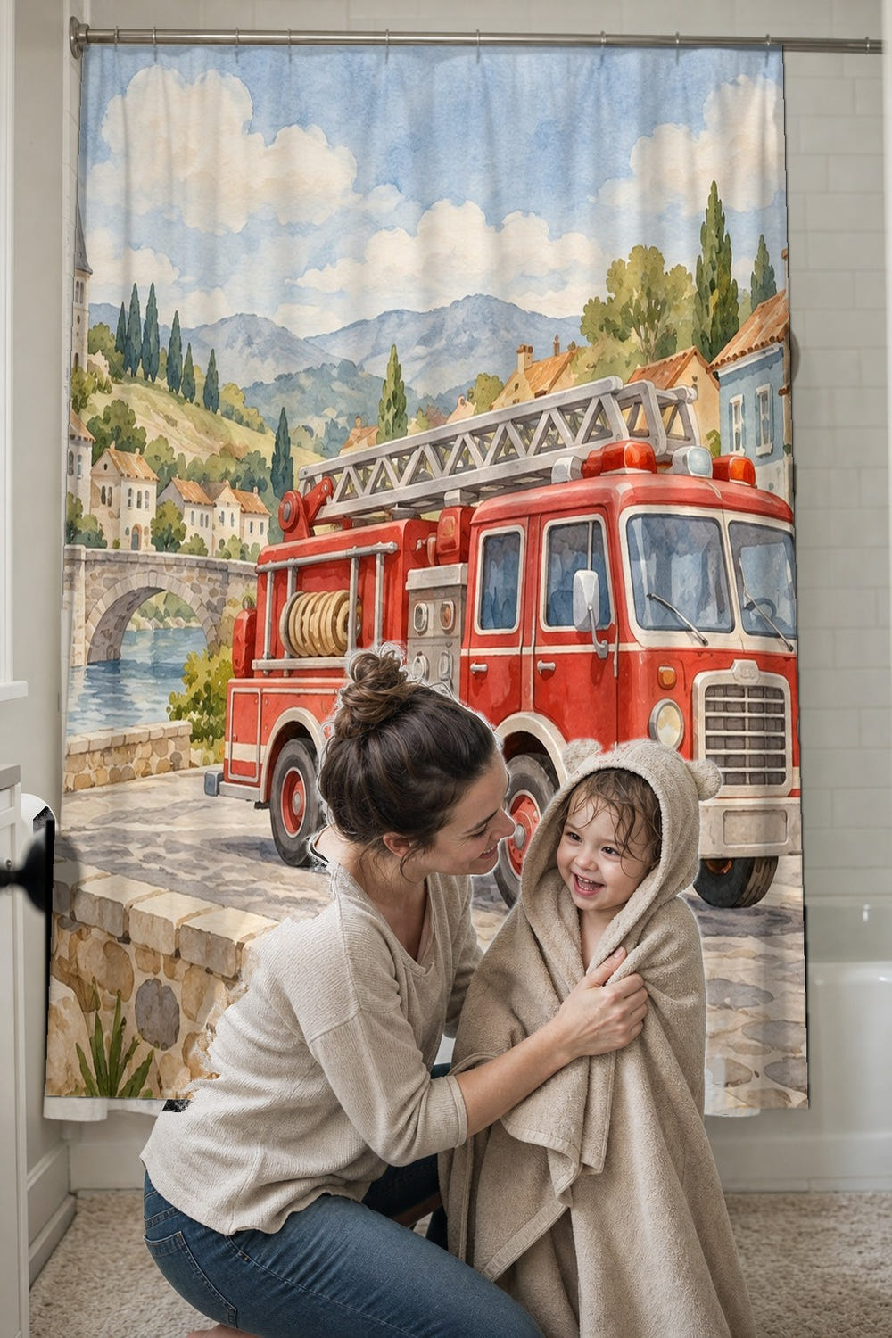 Fire Truck Town shower curtain, full front view of the 71 x 74 in fabric curtain
