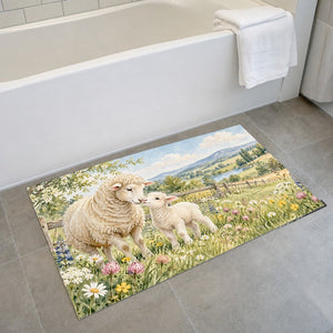 Lamb Meadow Farm bath mat on the floor in front of the tub