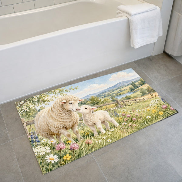 Lamb Meadow Farm bath mat on the floor in front of the tub
