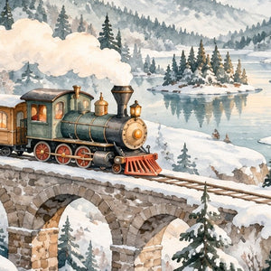 Winter Train shower curtain, close up of the watercolor artwork